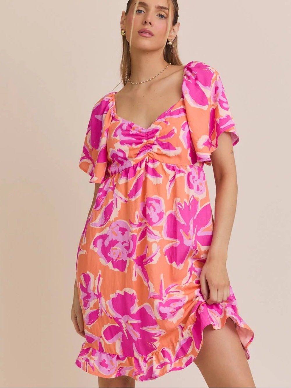 Gilli Orange Abstract Floral Cinch Bust Dress NWT